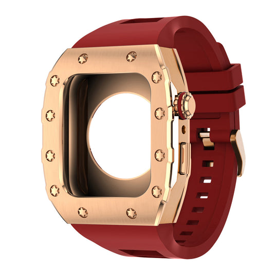 Apple Watch Case 44mm -  RG Bezel Rose Gold Case + Red Silicone Strap (12 Screws)