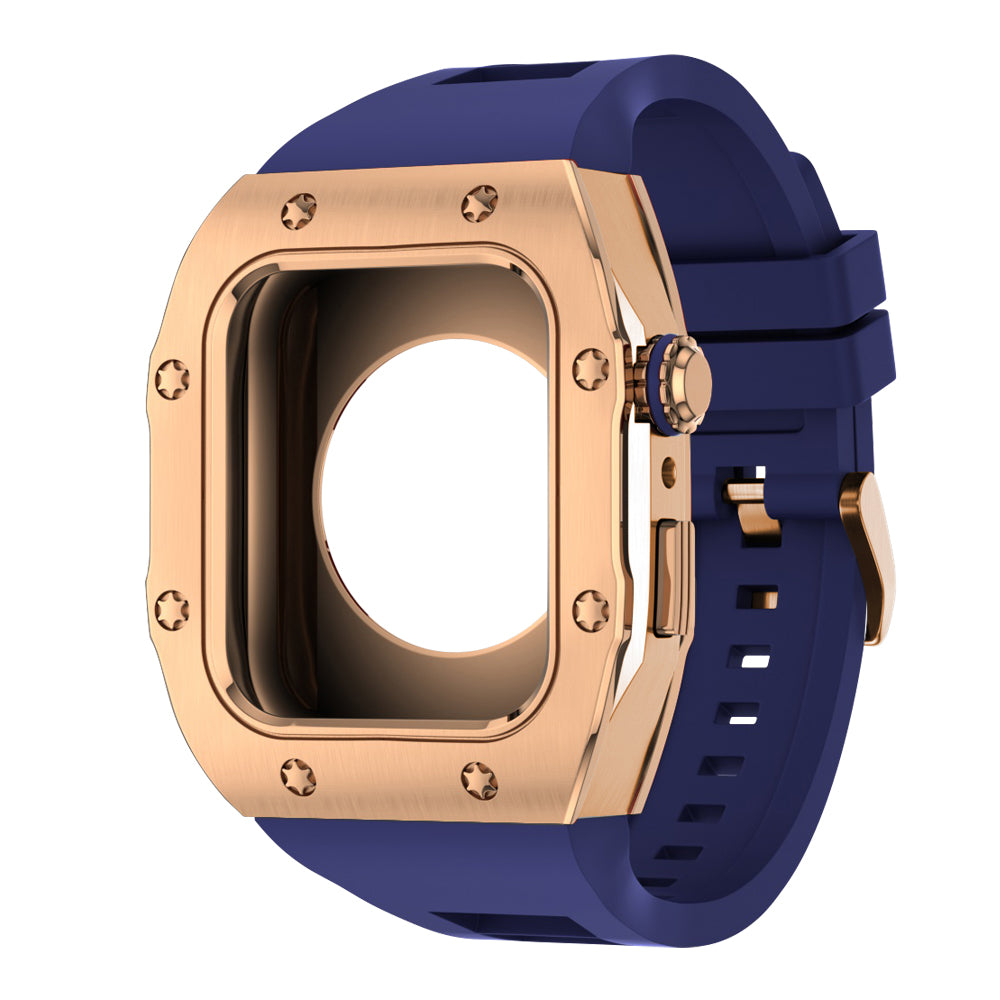 Apple Watch Case 44mm -  RG Bezel Rose Gold Case + Blue Silicone Strap (8 Screws)