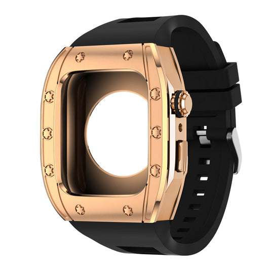 Apple Watch Case 44mm - RG Bezel Rose Gold Case + Black Silicone Strap (10 Screws)