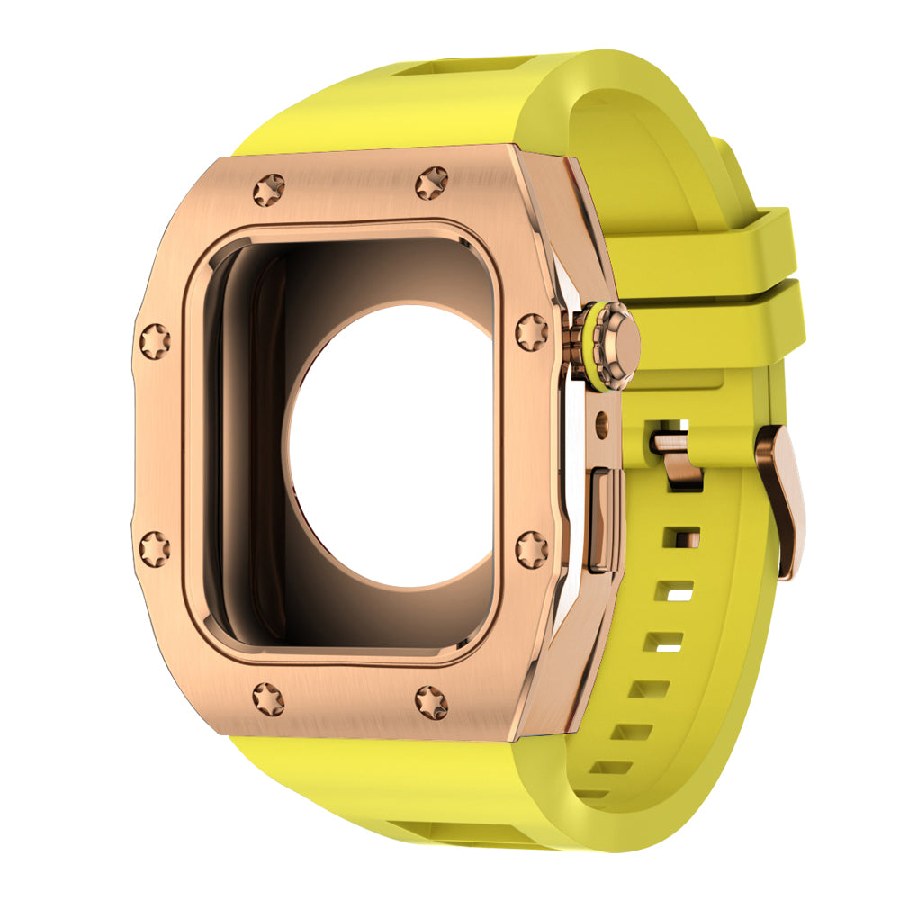 Apple Watch Case 45mm -  RG Bezel Rose Gold Case + Yellow Silicone Strap (8 Screws)