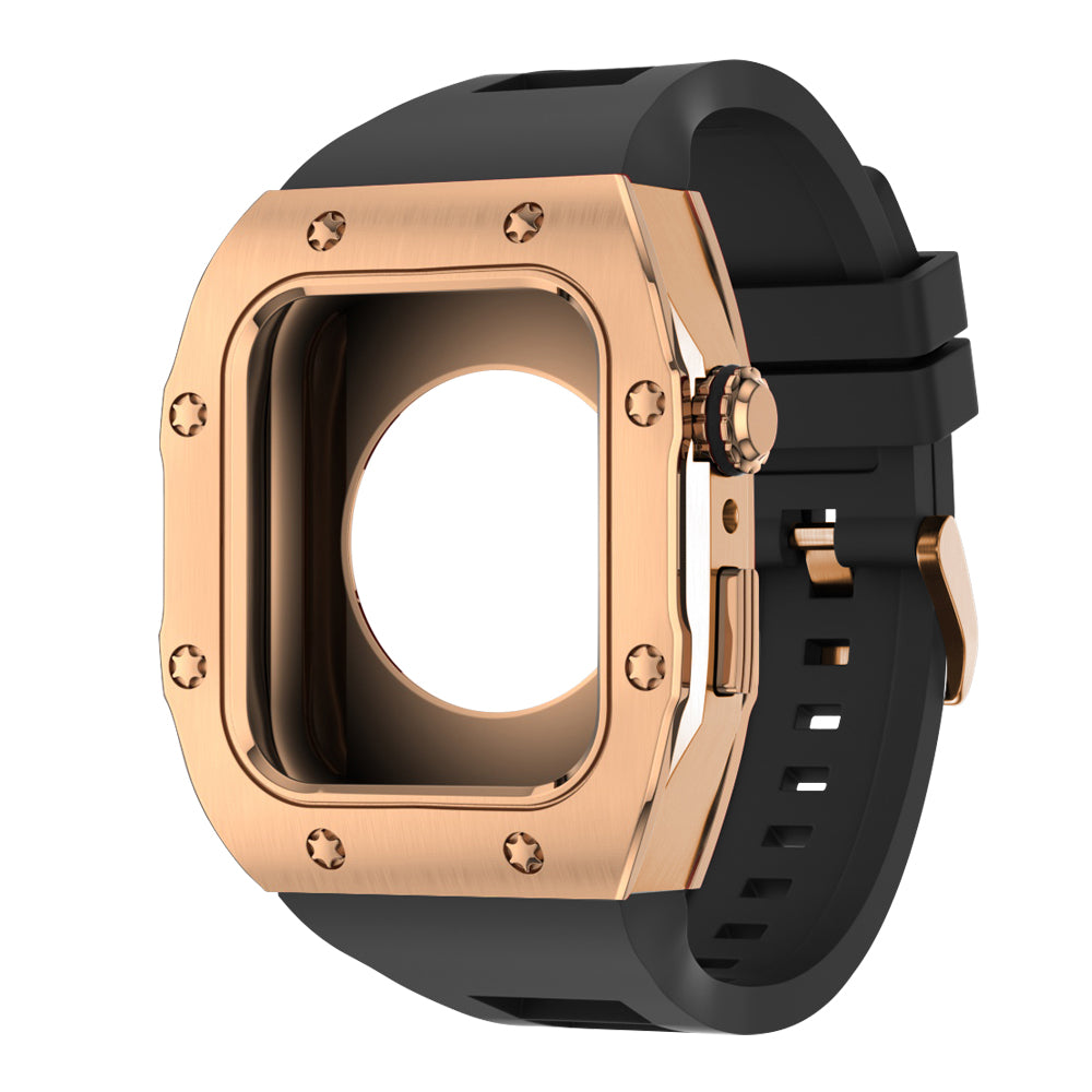 Apple Watch Case 45mm - RG Bezel Rose Gold Case + Black Silicone Strap (8 Screws)