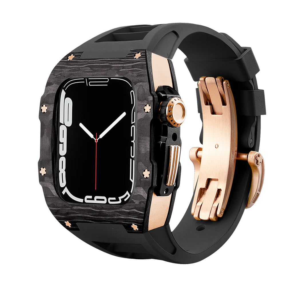 Apple Watch Case for Series 4/5/6/7/8/SE - Carbon Fiber Ti Rose Gold Case + Black Fluoro Strap