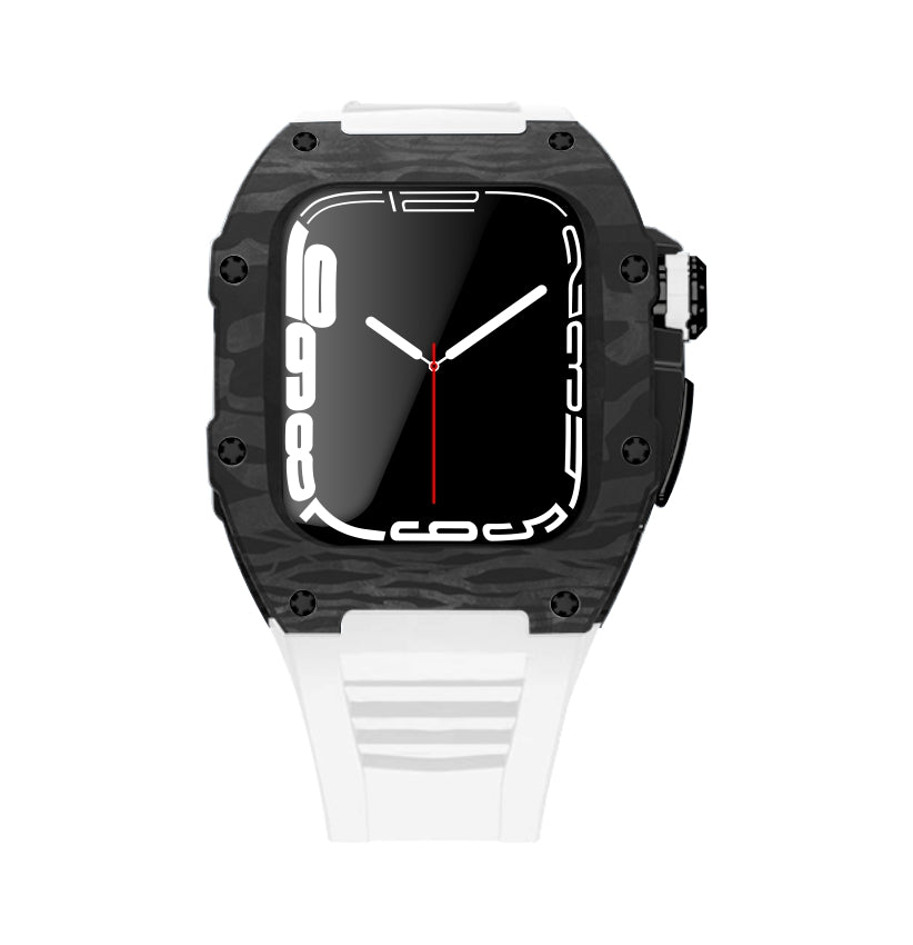 Apple Watch Case for Series 4/5/6/7/8/SE - Carbon Fiber Ti Black Case + White Fluoro Strap