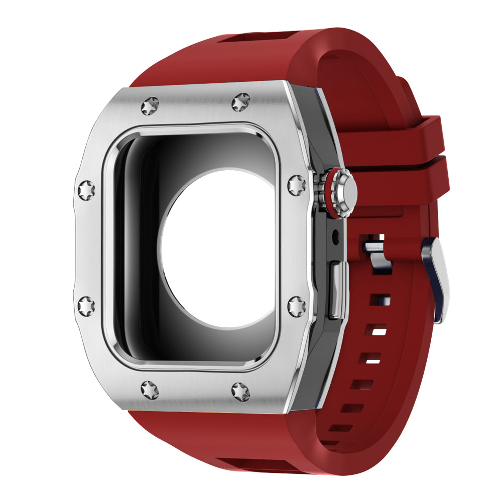 Apple Watch Case 45mm - Black Case + Red Silicone Strap (8 Screws)