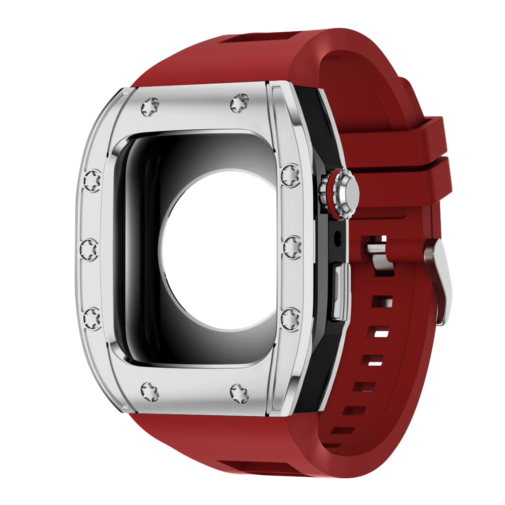 Apple Watch Case 45mm - Black Case + Red Silicone Strap (10 Screws)