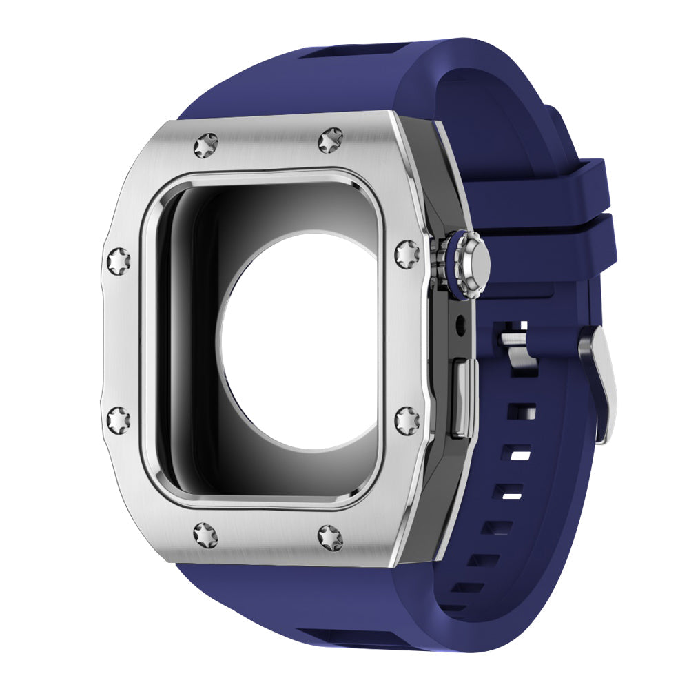 Apple Watch Case 45mm - Black Case + Blue Silicone Strap (8 Screws)