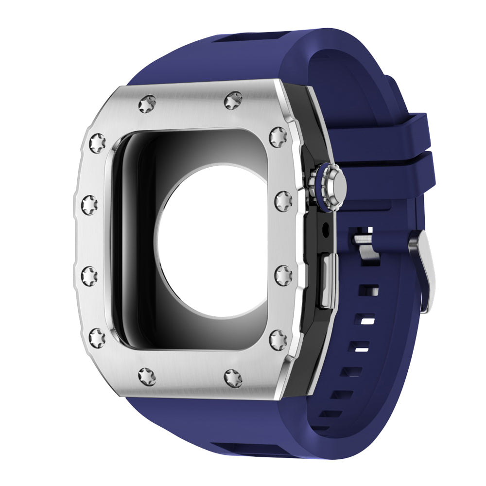 Apple Watch Case 45mm - Black Case + Blue Silicone Strap (12 Screws)