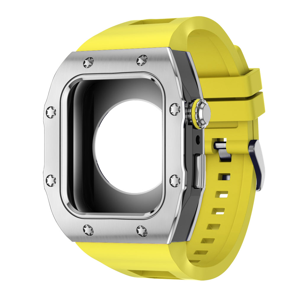 Apple Watch Case 45mm - Black Case + Yellow Silicone Strap (8 Screws)