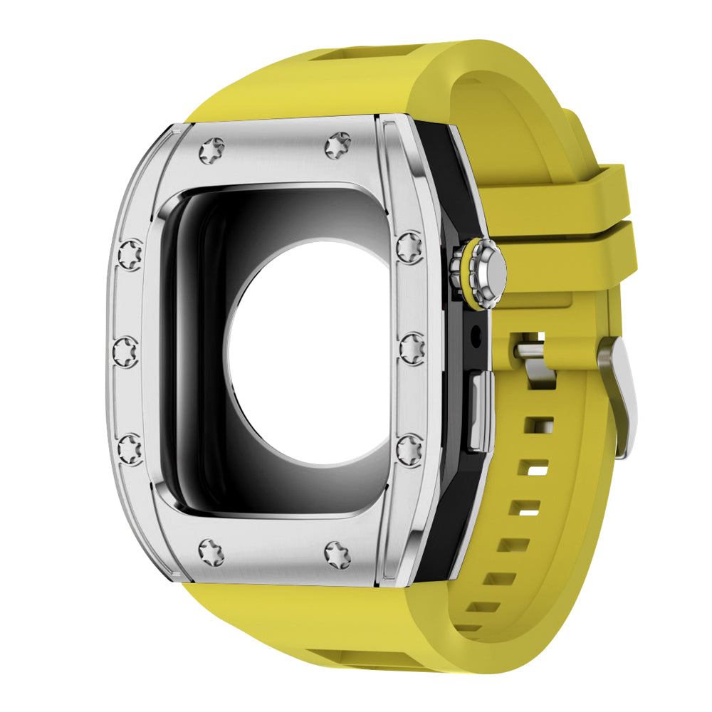 Apple Watch Case 45mm - Black Case + Yellow Silicone Strap (10 Screws)