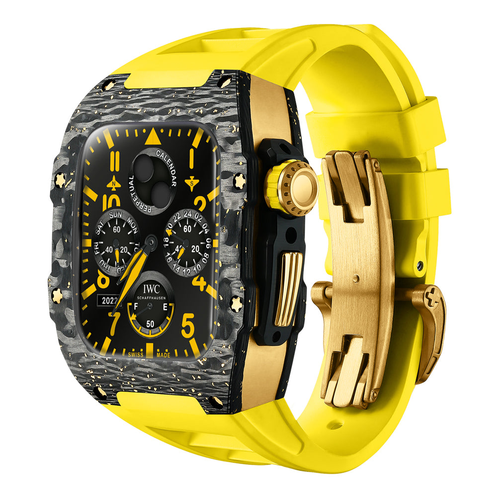 Apple Watch Case for Series 4/5/6/7/8/SE - Gold Foil Carbon Fiber Titanium Gold Case + Yellow Fluoro Strap