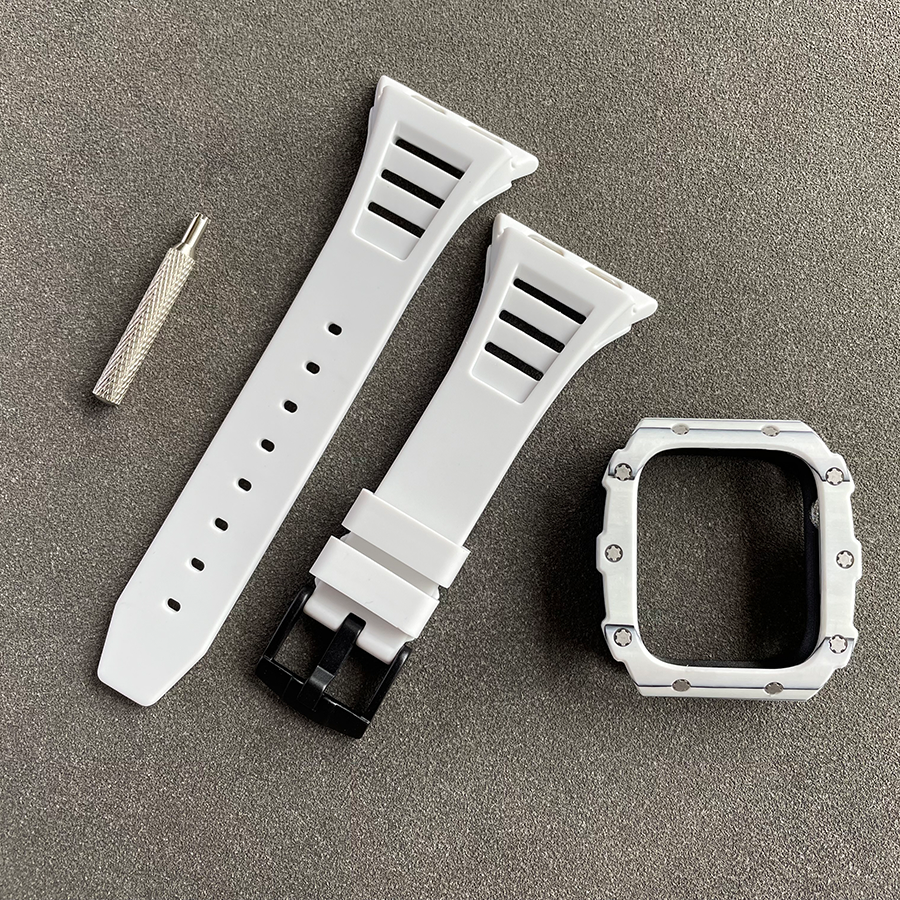 Apple Watch Case 45mm - Carbon Fiber White Case + White Silicone Strap