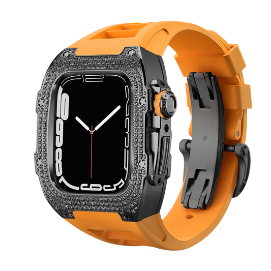 Apple Watch Case for Series 4/5/6/7/8/SE - Studded Black Case + Orange Silicone Strap