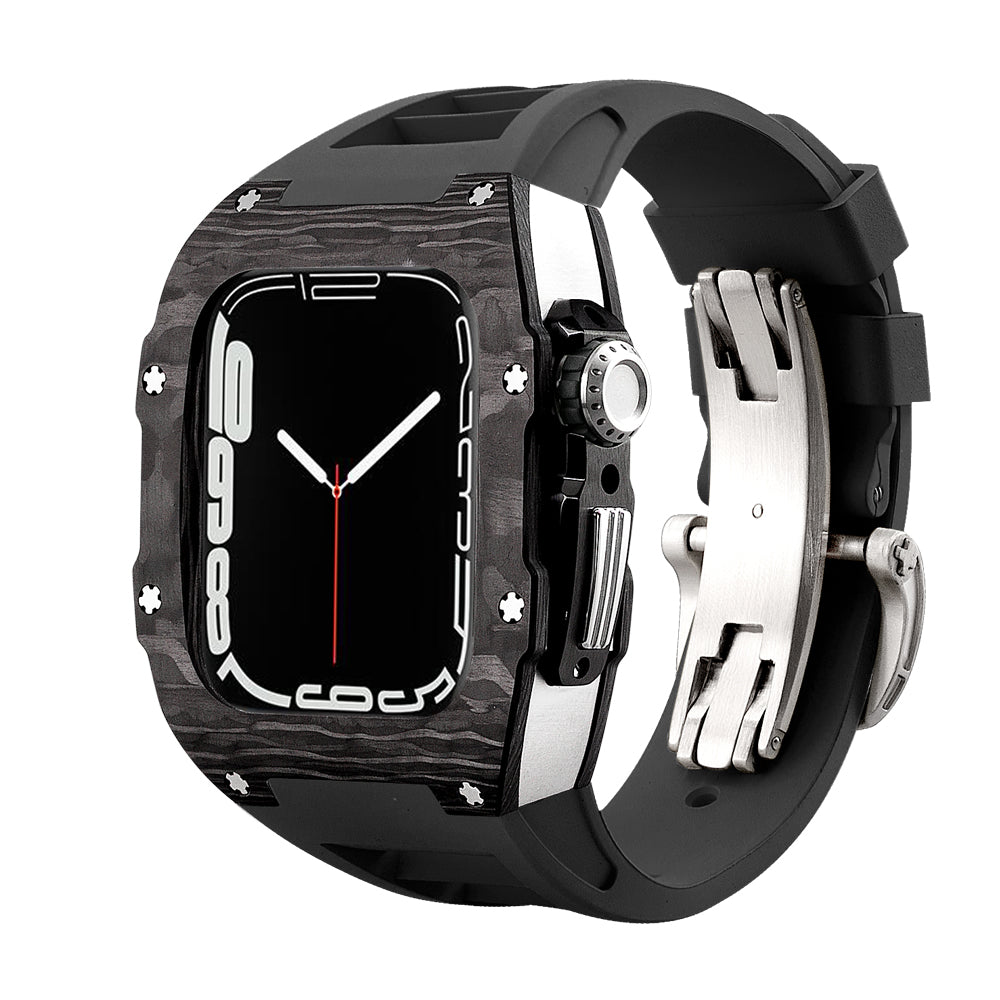 Apple Watch Case 44mm - Carbon Fiber Ti Case + Black Fluoro Strap (8 Screws)