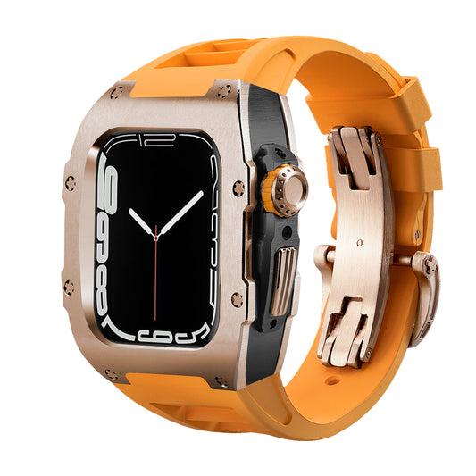 Apple Watch Case for Series 4/5/6/7/8/SE - SS PVD Case RG Bezel + Orange Silicone Strap