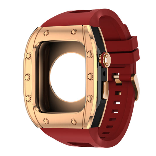 Apple Watch Case 45mm - RG Bezel Black Case + Red Silicone Strap (10 Screws)