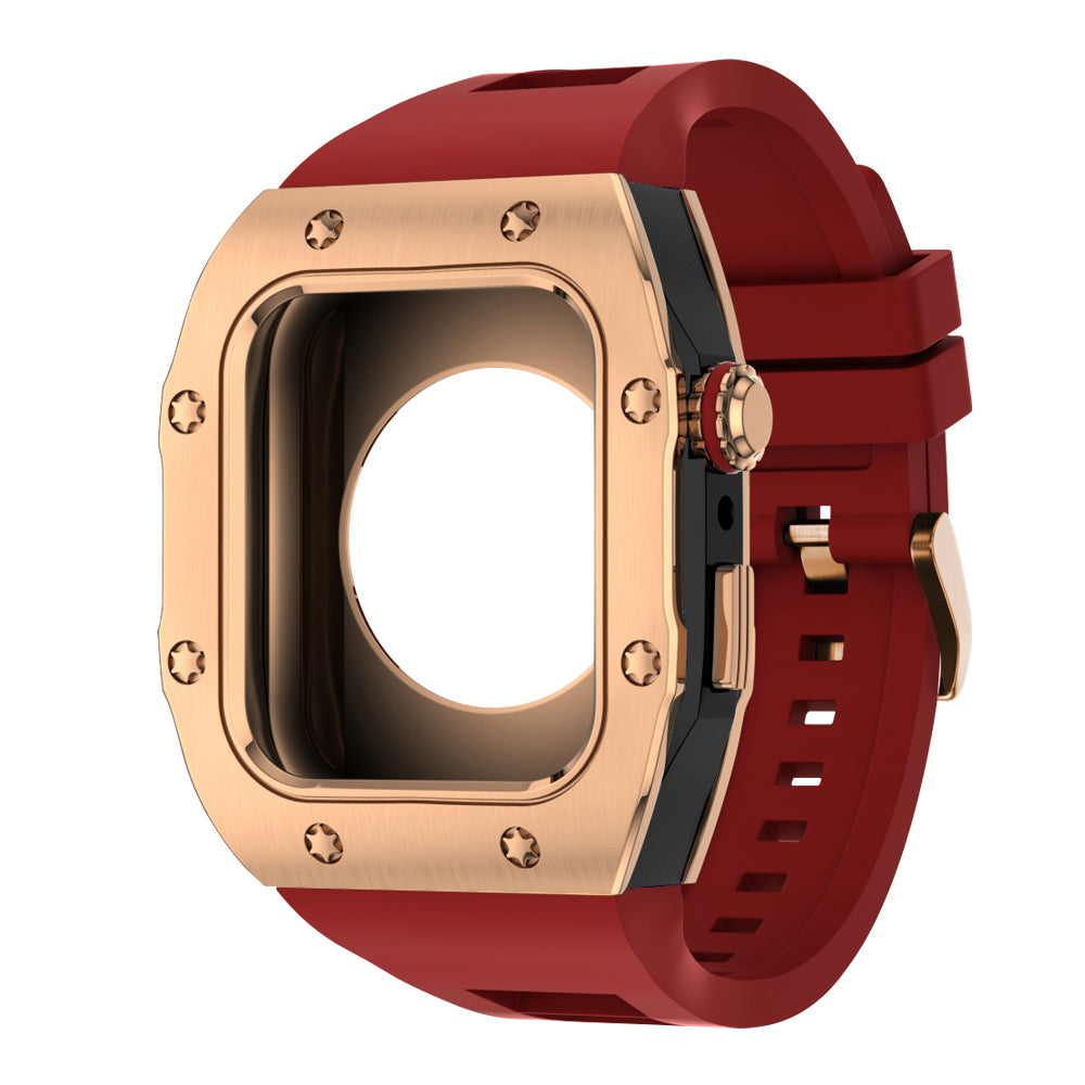 Apple Watch Case 44mm - RG Bezel Black Case + Red Silicone Strap (8 Screws)
