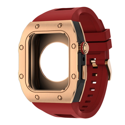 Apple Watch Case 45mm - RG Bezel Black Case + Red Silicone Strap (8 Screws)