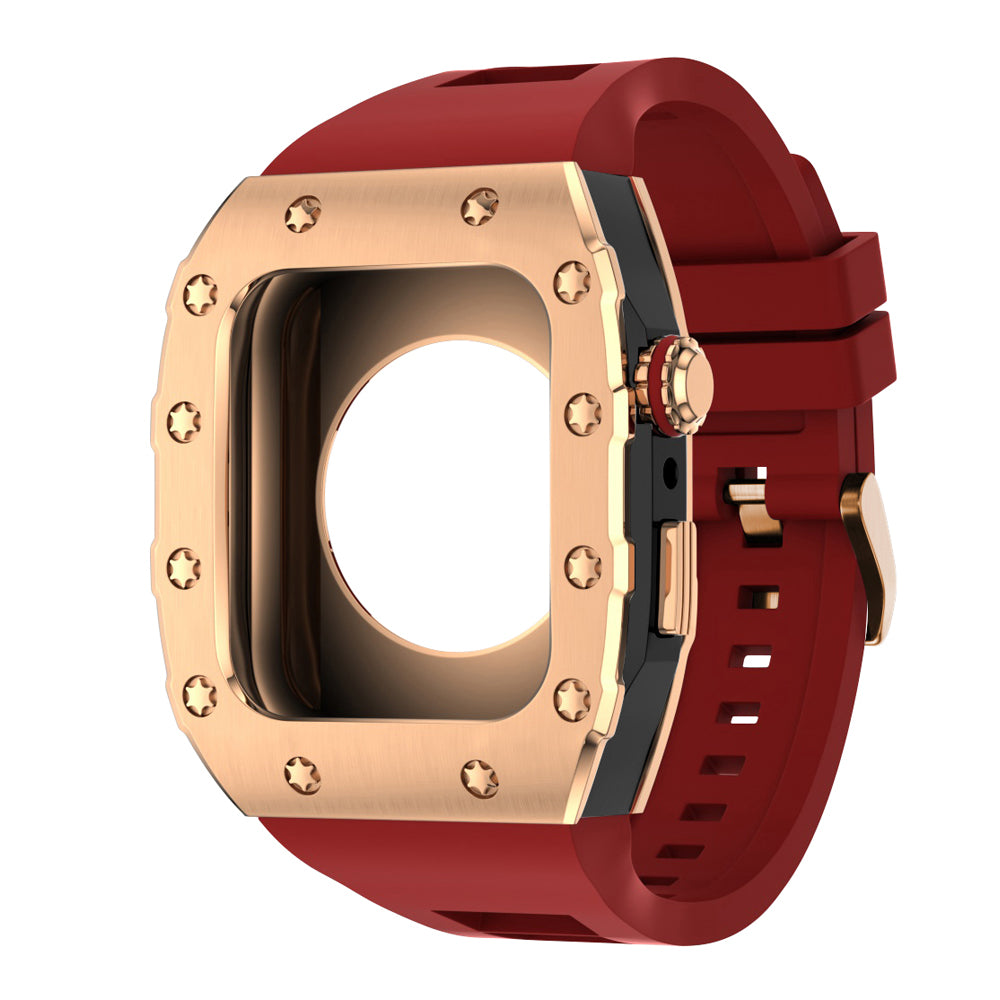 Apple Watch Case 45mm - RG Bezel Black Case + Red Silicone Strap (12 Screws)