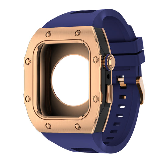 Apple Watch Case 44mm - RG Bezel Black Case + Blue Silicone Strap (8 Screws)