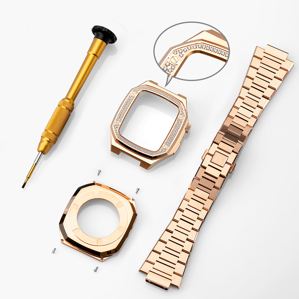 Apple Watch Case 45mm - Studded Rose Gold Case + Rose Gold Bracelet (4 Screws)