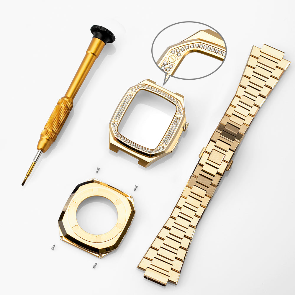 Apple Watch Case 45mm - Studded Gold Case + PVD Gold Bracelet (4 Screws)