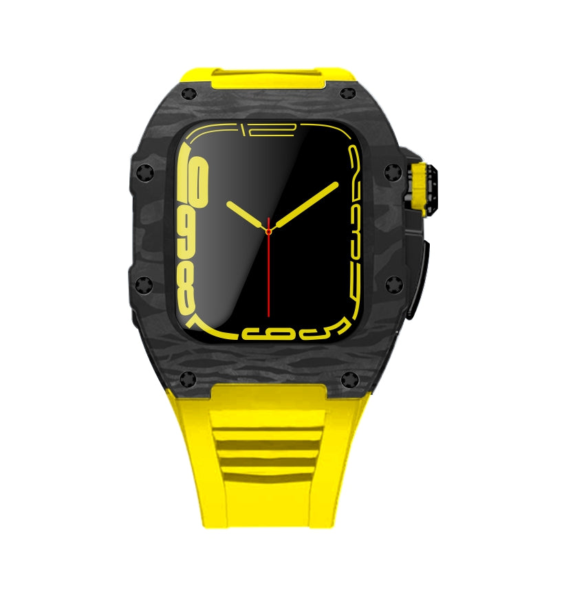Apple Watch Case for Series 4/5/6/7/8/SE - Carbon Fiber Ti Black Case + Yellow Fluoro Strap
