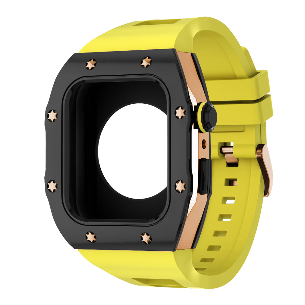 Apple Watch Case 44mm - Black Bezel Rose Gold Case + Yellow Silicone Strap (8 Screws)