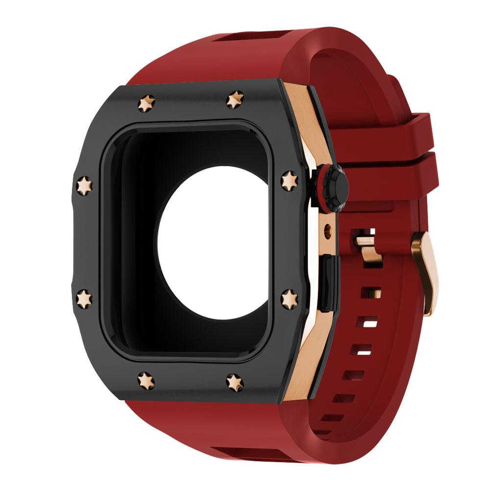 Apple Watch Case 44mm - Black Bezel Rose Gold Case + Red Silicone Strap (8 Screws)