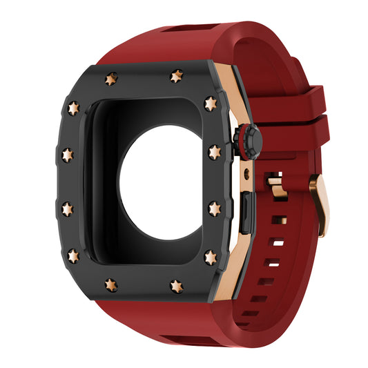 Apple Watch Case 45mm - Black Bezel Rose Gold Case + Red Silicone Strap (12 Screws)