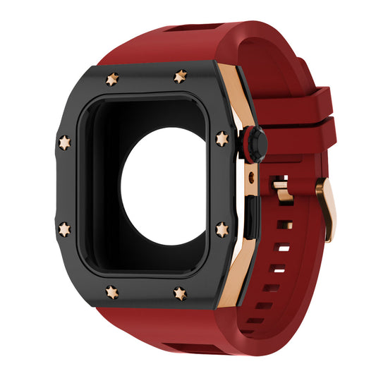 Apple Watch Case 45mm - Black Bezel Rose Gold Case + Red Silicone Strap (8 Screws)