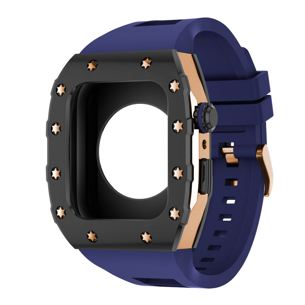 Apple Watch Case 45mm - Black Bezel Rose Gold Case + Blue Silicone Strap (12 Screws)