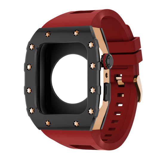 Apple Watch Case 44mm - Black Bezel Rose Gold Case + Red Silicone Strap (12 Screws)