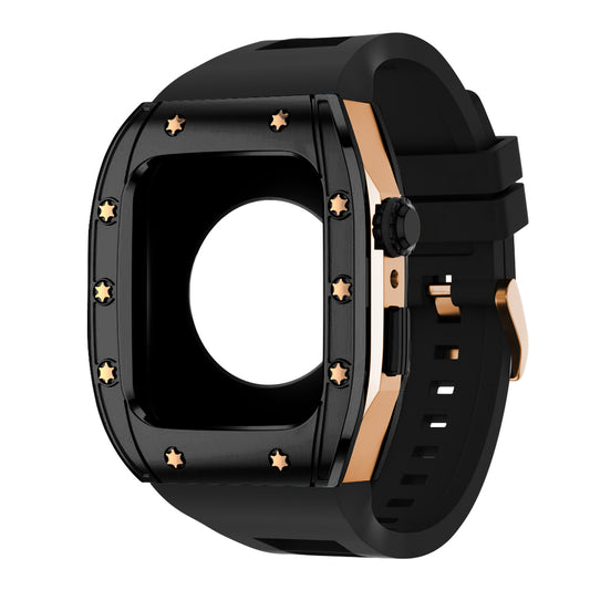 Apple Watch Case 45mm - Black Bezel Rose Gold Case + Black Silicone Strap (10 Screws)