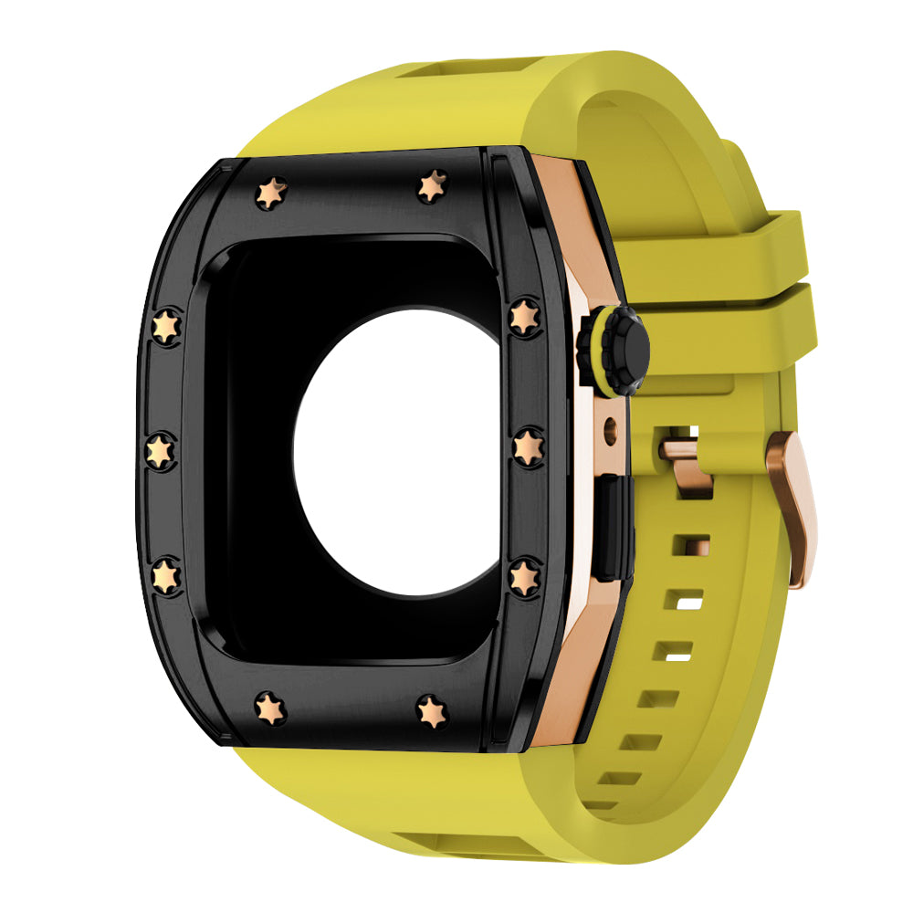 Apple Watch Case 45mm - Black Bezel Rose Gold Case + Yellow Silicone Strap (10 Screws)