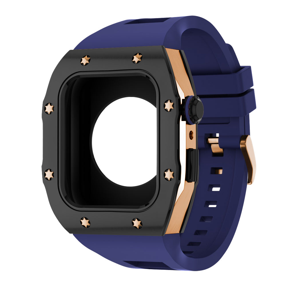 Apple Watch Case 45mm - Black Bezel Rose Gold Case + Blue Silicone Strap (8 Screws)