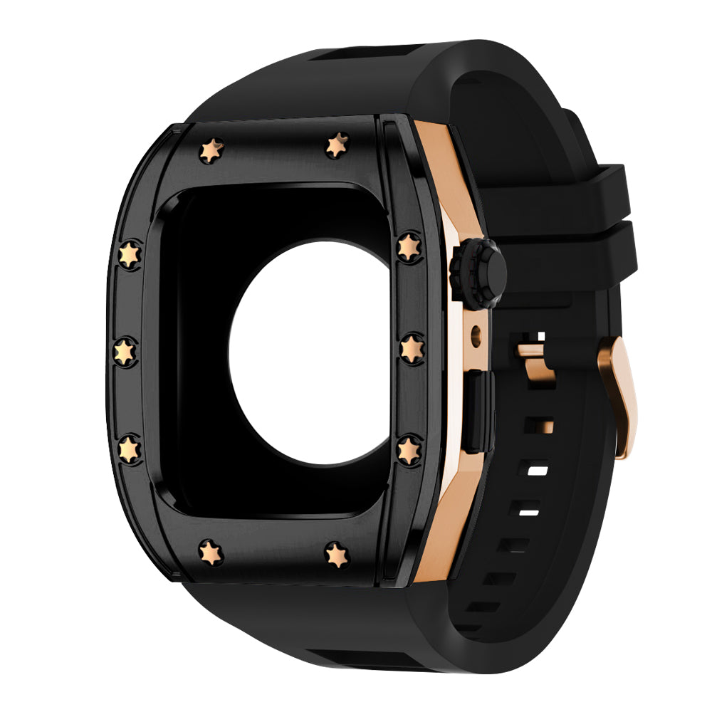 Apple Watch Case 44mm - Black Bezel Rose Gold Case + Black Silicone Strap (10 Screws)