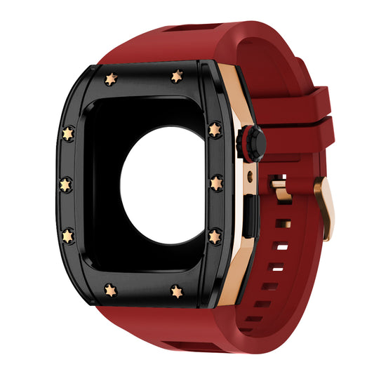 Apple Watch Case 45mm - Black Bezel Rose Gold Case + Red Silicone Strap (10 Screws)