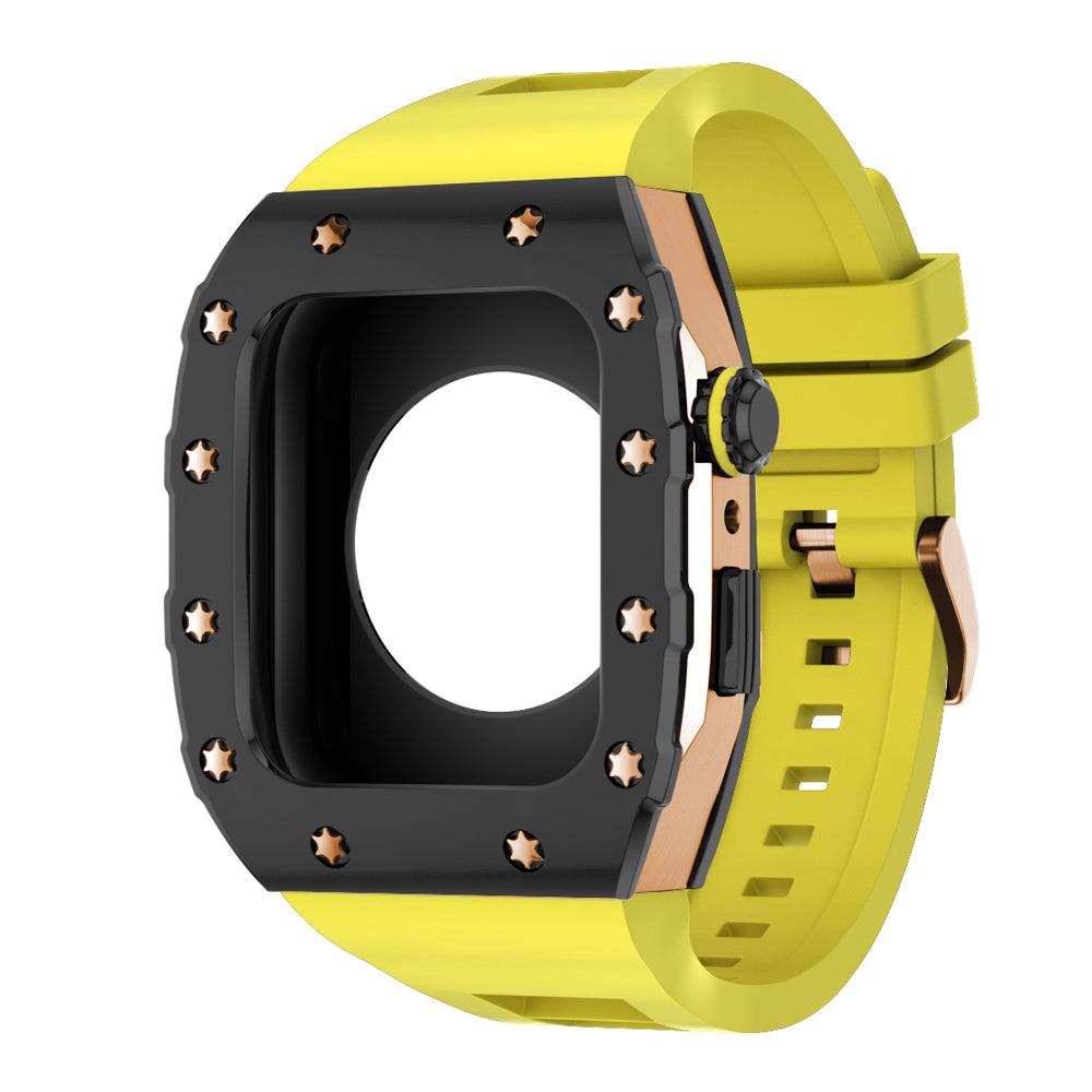 Apple Watch Case 45mm - Black Bezel Rose Gold Case + Yellow Silicone Strap (12 Screws)