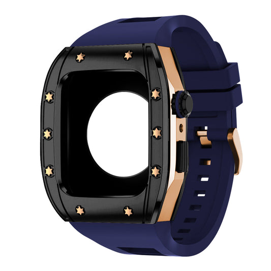 Apple Watch Case 44mm - Black Bezel Rose Gold Case + Blue Silicone Strap (10 Screws)