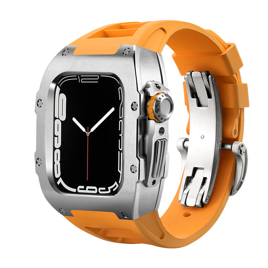 Apple Watch Case for Series 4/5/6/7/8/SE - SS Case + Orange Silicone Strap