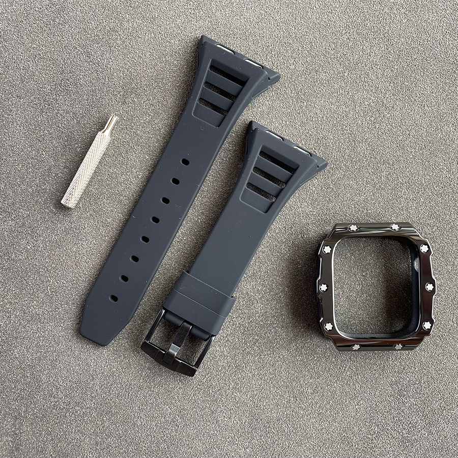 Apple Watch Case 41mm - Ceramic Black Case + Black Silicone Strap (10 Screws)