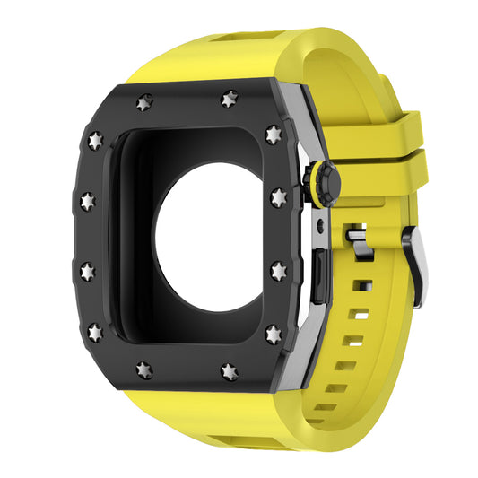 Apple Watch Case 45mm -  Black Bezel Steel Case + Yellow Silicone Strap (12 Screws)