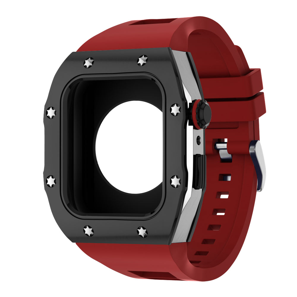 Apple Watch Case 44mm -  Black Bezel Steel Case + Red Silicone Strap (8 Screws)