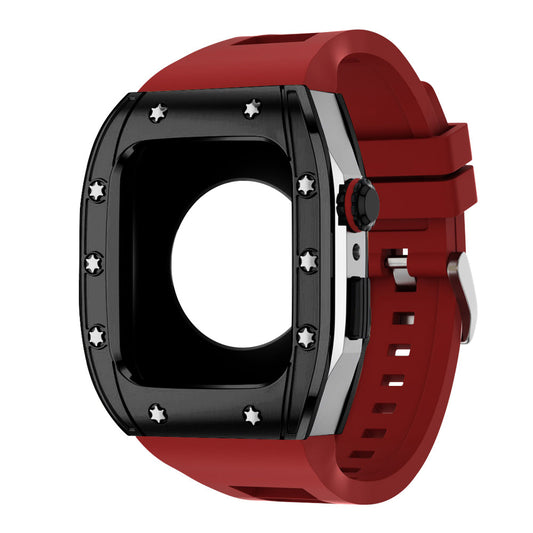 Apple Watch Case 44mm -  Black Bezel Steel Case + Red Silicone Strap (10 Screws)