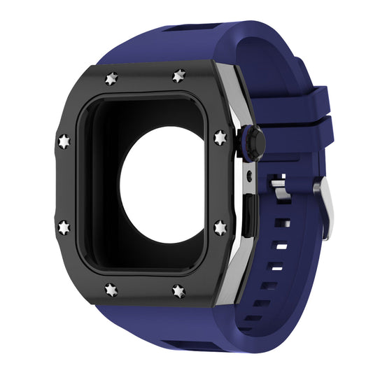 Apple Watch Case 45mm -  Black Bezel Steel Case + Blue Silicone Strap (8 Screws)