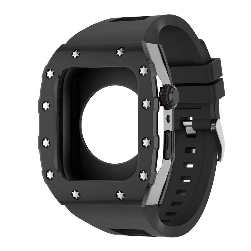 Apple Watch Case 44mm -  Black Bezel Steel Case + Black Silicone Strap (12 Screws)