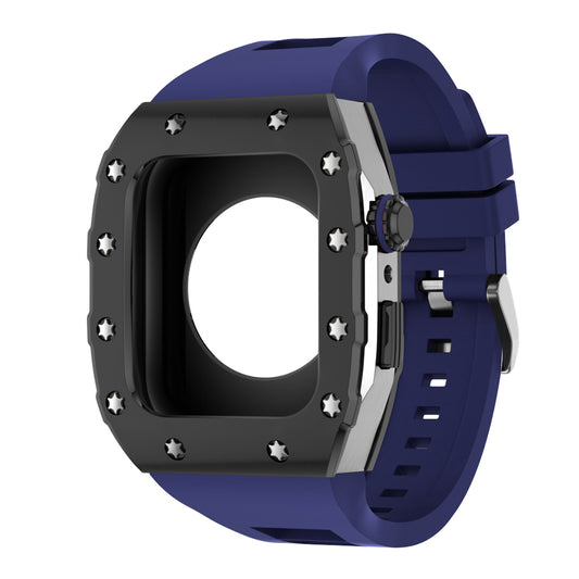 Apple Watch Case 45mm -  Black Bezel Steel Case + Blue Silicone Strap (12 Screws)