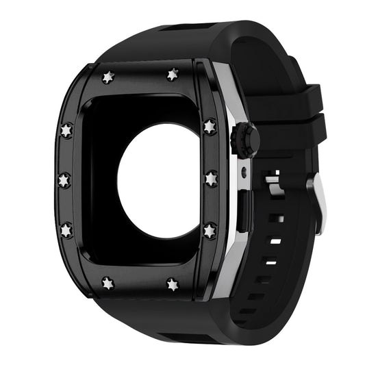 Apple Watch Case 44mm -  Black Bezel Steel Case + Black Silicone Strap (10 Screws)