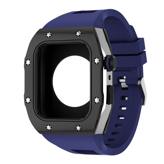 Apple Watch Case 44mm -  Black Bezel Steel Case + Blue Silicone Strap (8 Screws)