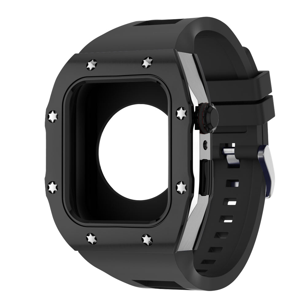 Apple Watch Case 45mm -  Black Bezel Steel Case + Black Silicone Strap (8 Screws)
